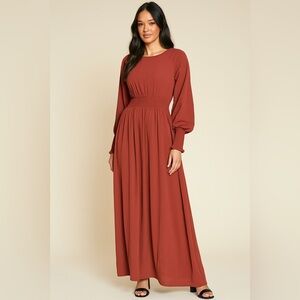 BOOHOO Sophia Shirred Waist & Cuff Maxi Dress size 4 Brick NWT